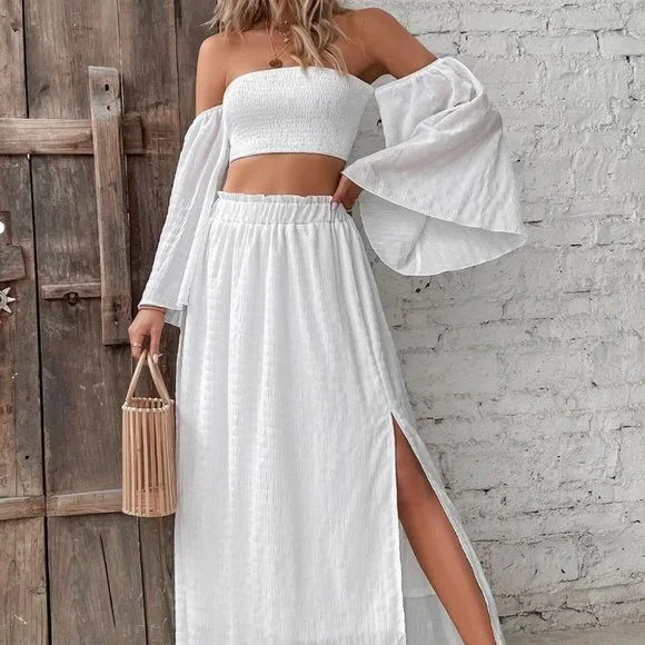 White Preppy Womens Off Shoulder Shirred Crop Top & Frill Trim Split Thigh Skirt - Picture 4 of 5